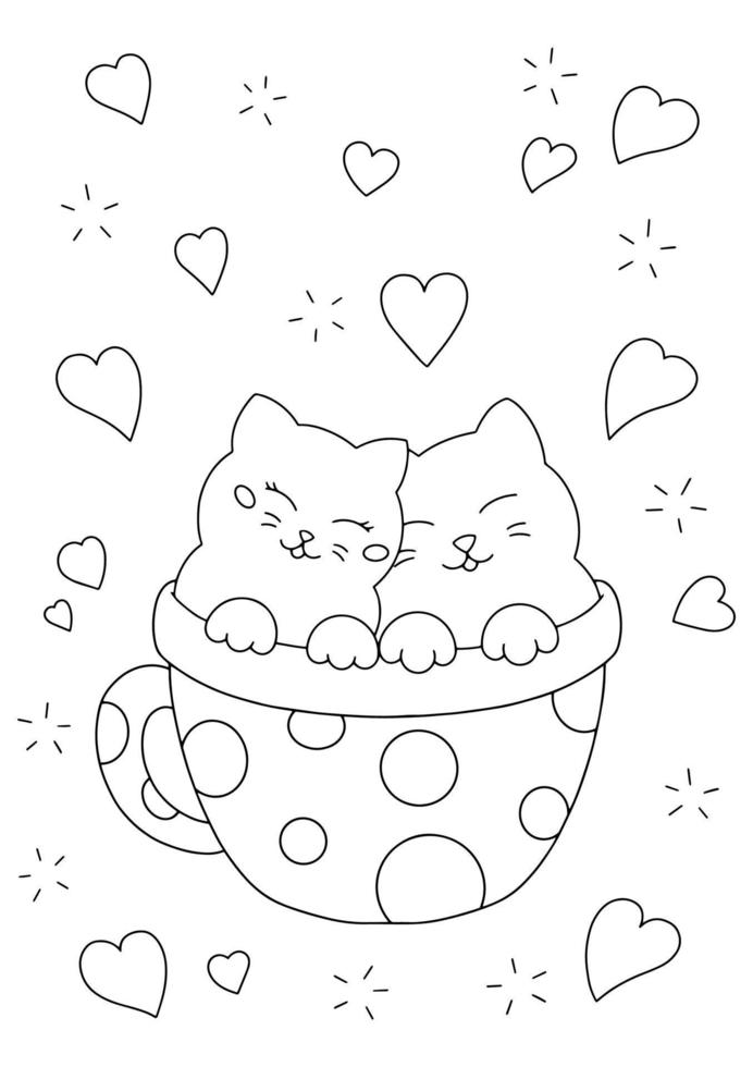 Cute couple of cats in a cup. Coloring book page for kids. Valentine's Day. Cartoon style character. Vector illustration isolated on white background.