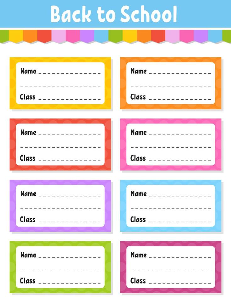 Back to school labels. Set stickers for notebook. Name and ...