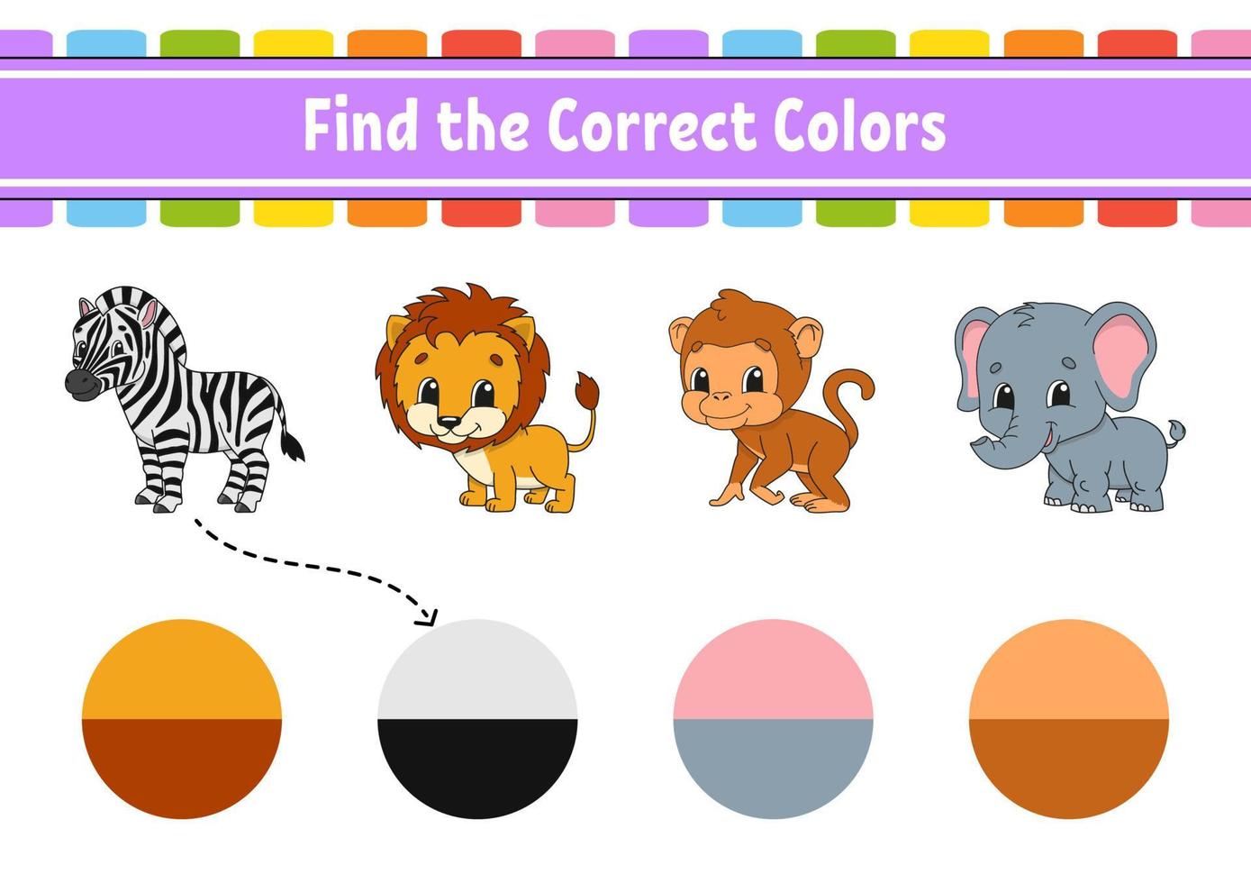 Find the correct color. Education developing worksheet. Matching game for kids. Color activity page. Puzzle for children. Cute character. Vector illustration. cartoon style.