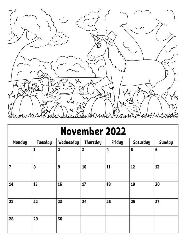 Vertical calendar for 2022 with a cute character. Coloring page for kids. Week starts on Monday. Isolated vector illustration. Cartoon style.