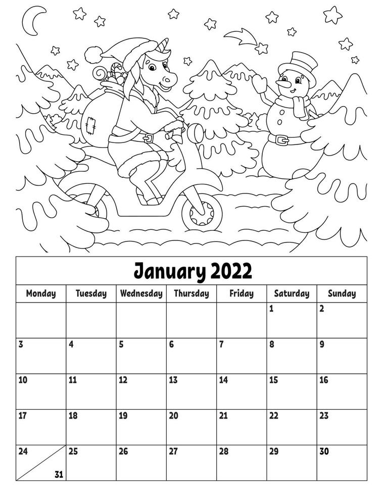 Vertical calendar for 2022 with a cute character. Coloring page for kids. Week starts on Monday. Isolated vector illustration. Cartoon style.