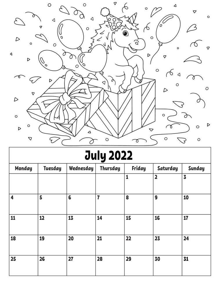 Vertical calendar for 2022 with a cute character. Coloring page for kids. Week starts on Monday. Isolated vector illustration. Cartoon style.