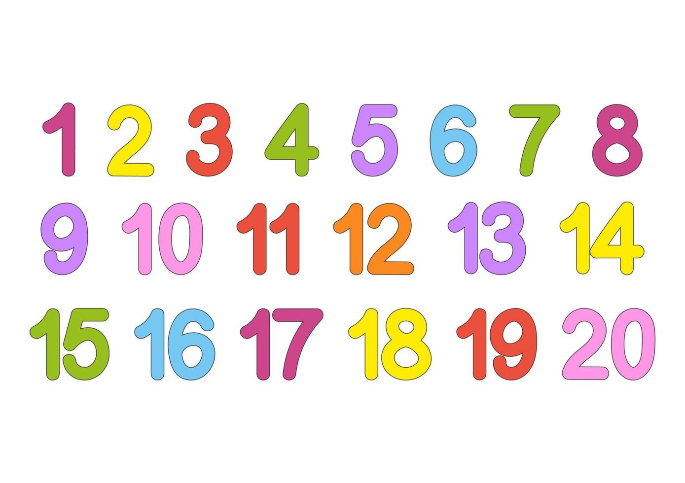 A set of numbers from one to twenty. Bright colorful collection. For teaching children. Simple flat vector illustration isolated on white background.