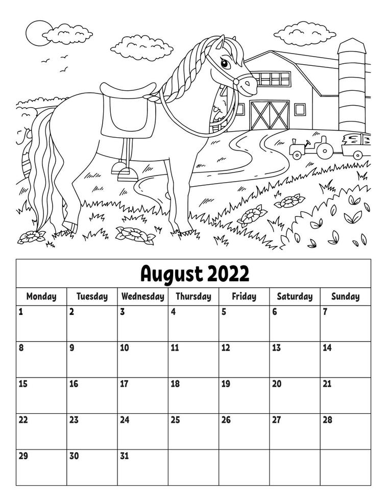 Vertical calendar for 2022 with a cute character. Coloring page for kids. Week starts on Monday. Isolated vector illustration. Cartoon style.