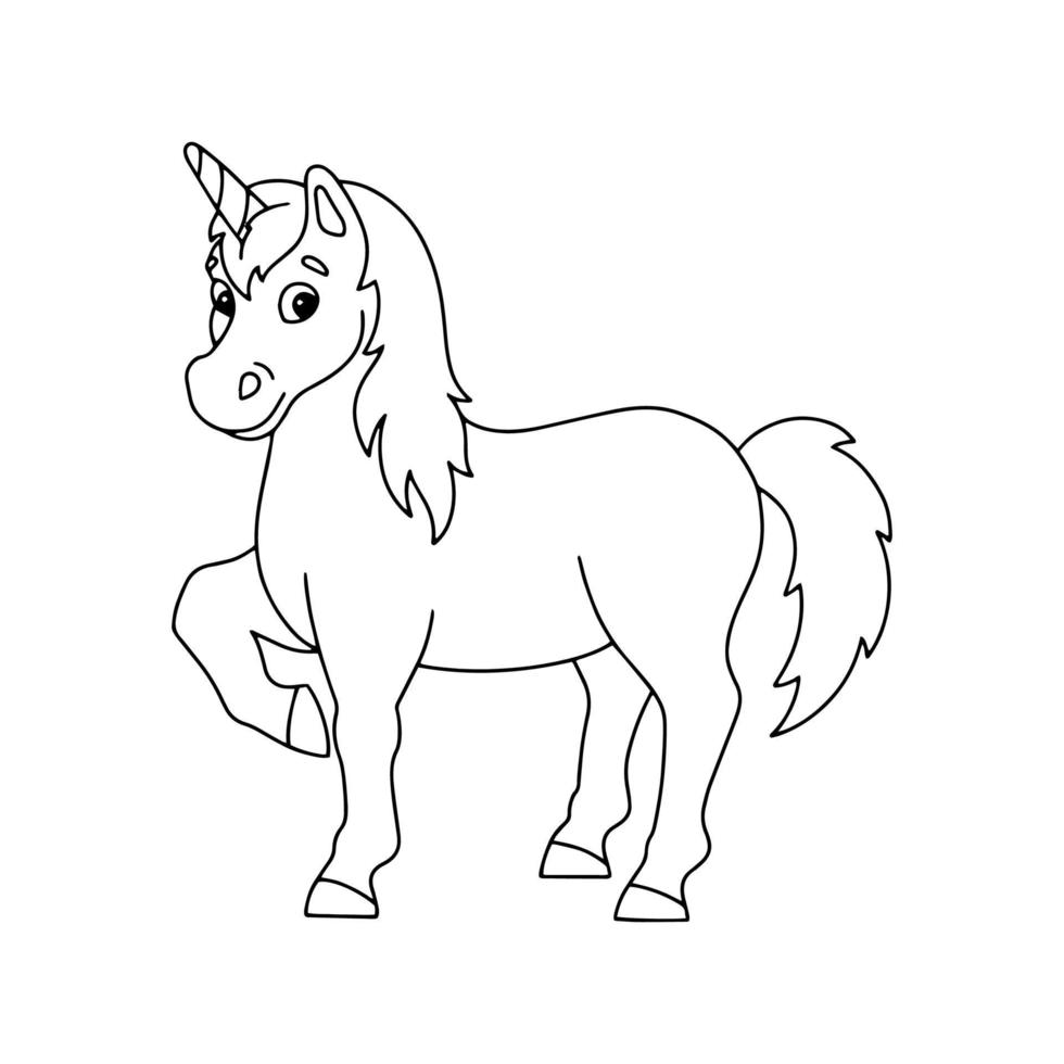 Magic unicorn. Fairy horse. Coloring book page for kids. Cartoon style character. Vector illustration isolated on white background.