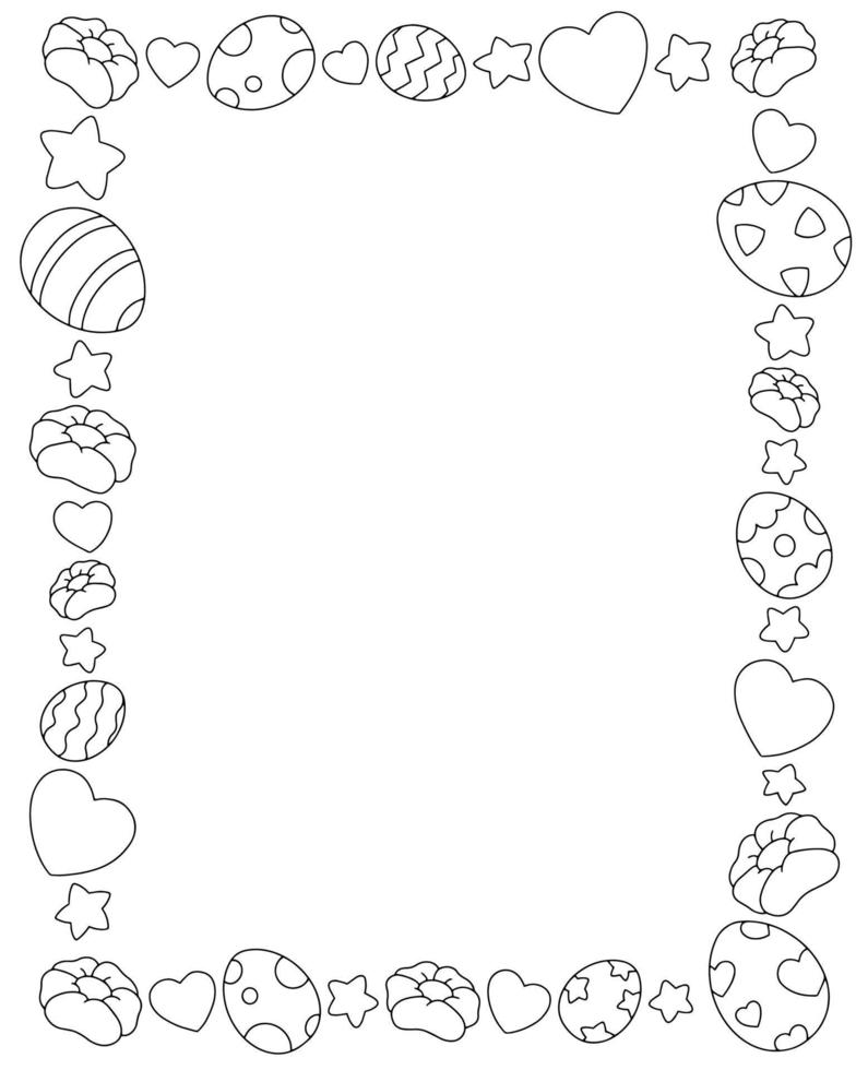 Beautiful Easter frame. Flower, star, heart, eggs. Design element for greeting card, wedding invitation, birthday. Vector illustration isolated on white background.