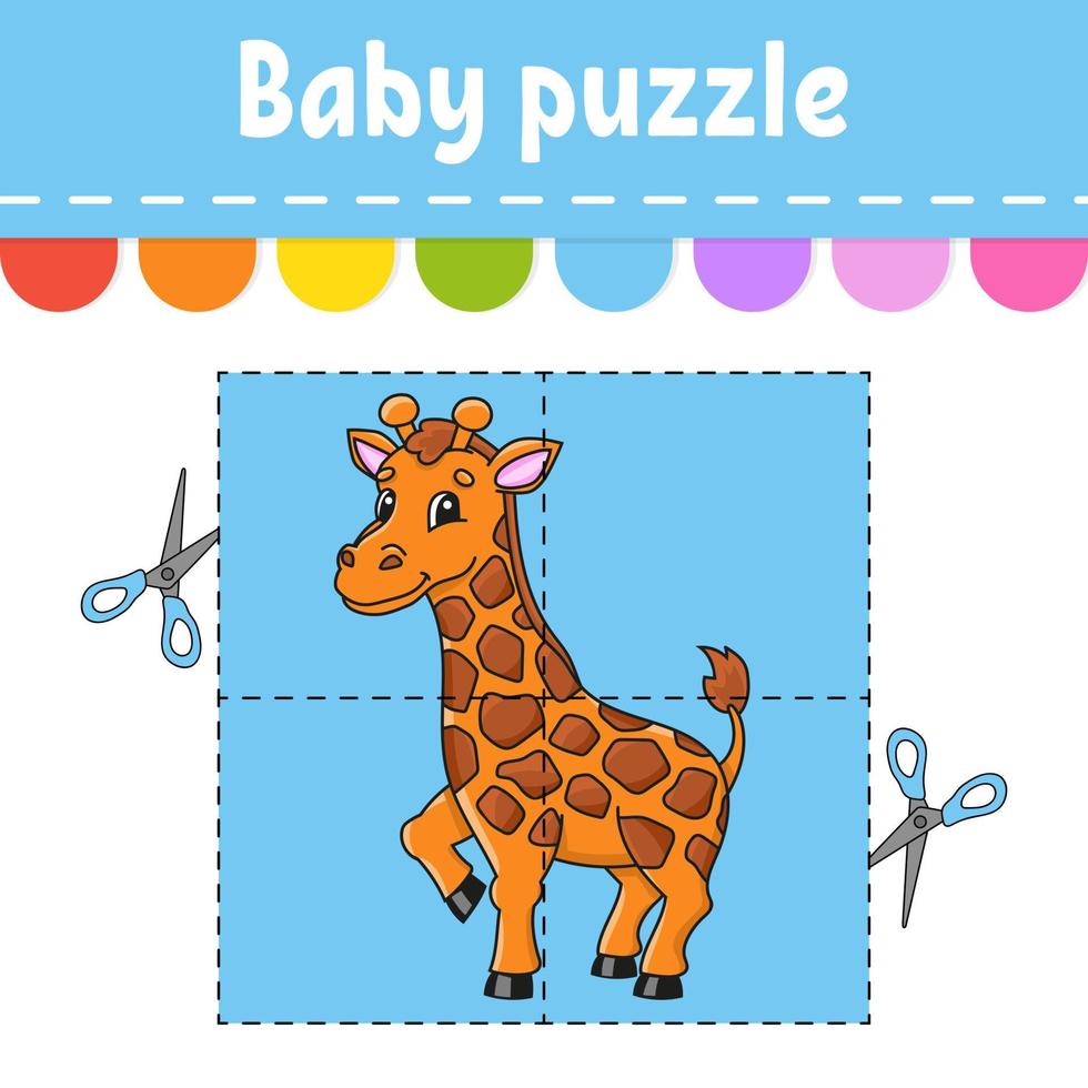 Puzzle game for kids. Giraffe animal. Jigsaw pieces. Color worksheet. Activity page. Isolated vector illustration. Cartoon style.