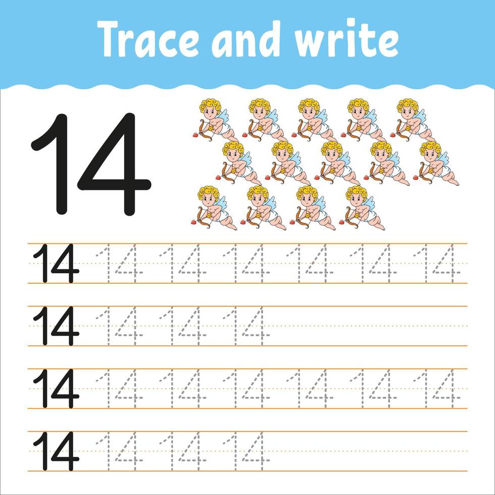 Learn Numbers. Trace and write. Handwriting practice. Education developing worksheet. Color activity page. Isolated vector illustration in cute cartoon style.