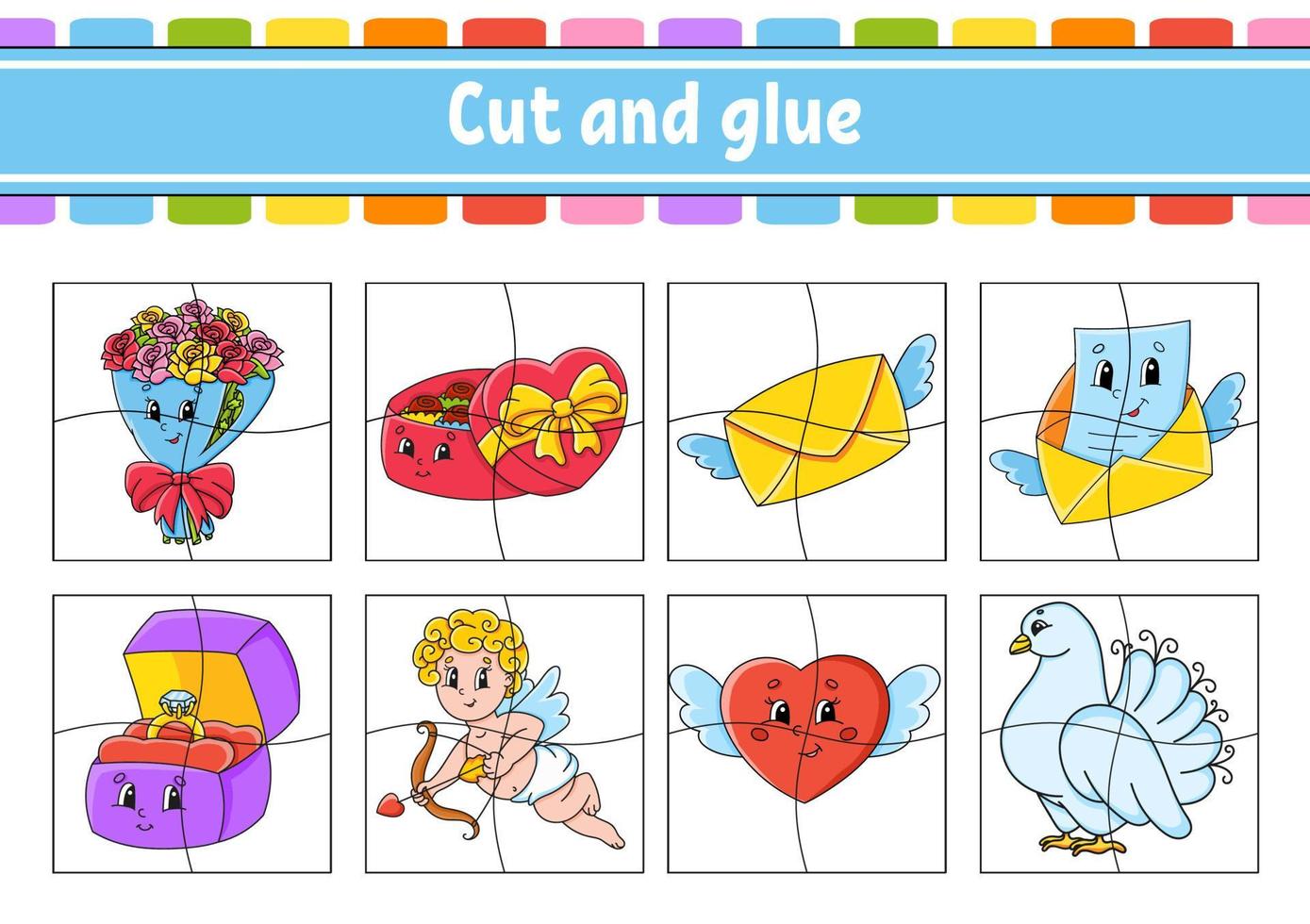 Cut and play. Paper game with glue. Flash cards. Education worksheet. Activity page. Funny character. Isolated vector illustration. cartoon style. Valentine's Day