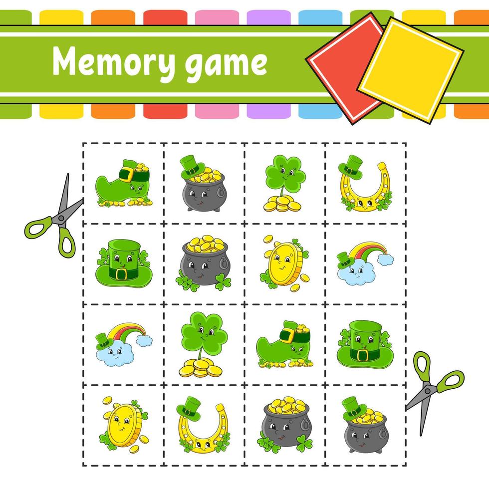 Memory game for kids. Education developing worksheet. Activity page with pictures. St. Patrick's day. Logical thinking training. Isolated vector illustration. Funny character. cartoon style.