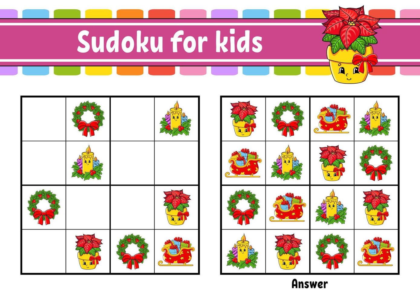 Sudoku for kids. Education developing worksheet. cartoon character. Color activity page. Puzzle game for children. Christmas theme. Isolated vector illustration.