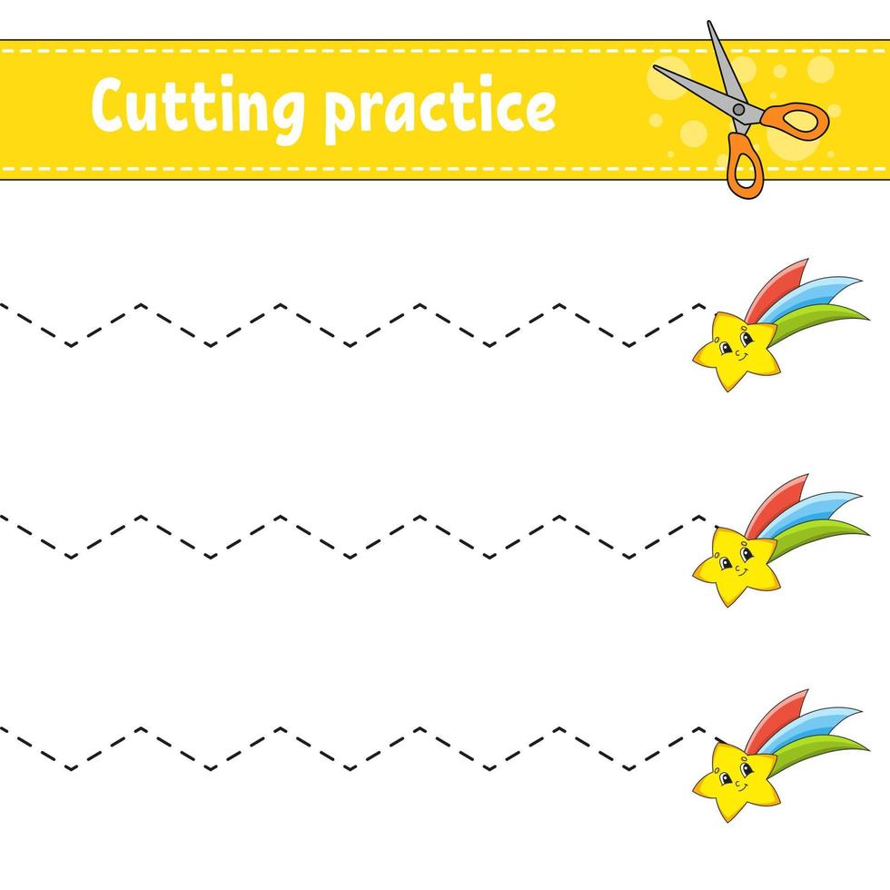 Cutting practice for kids. Fairytale theme. Education developing worksheet. Activity page. Color game for children. Isolated vector illustration. Cartoon character.