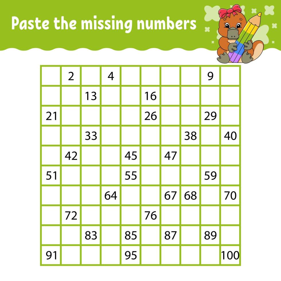 Paste the missing numbers from 1 to 100. Handwriting practice. Learning numbers for kids. Education developing worksheet. Activity page. Isolated vector illustration in cute cartoon style.