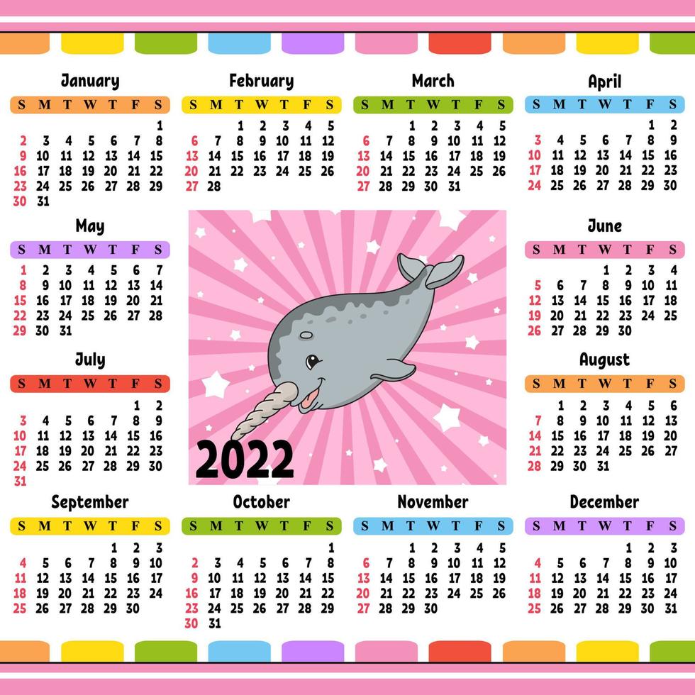 Calendar for 2022 with a cute character. Fun and bright design. Isolated color vector illustration. cartoon style.