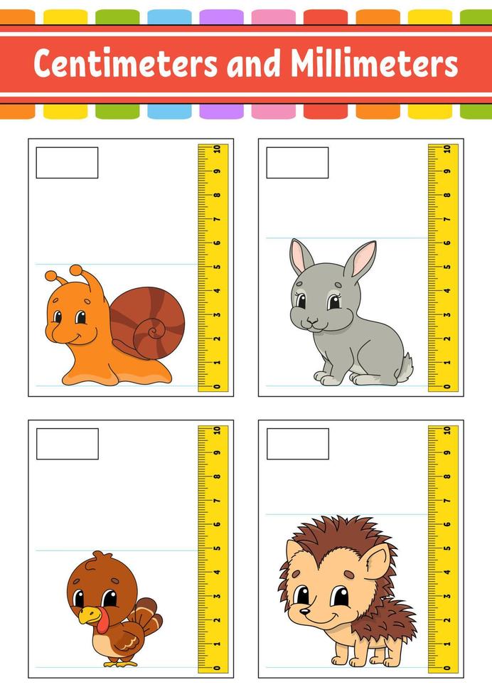 medir la longitud en centimetros y milimetros. hoja de trabajo de desarrollo educativo. juego para niños página de actividades de colores. rompecabezas para niños. lindo personaje ilustración vectorial estilo de dibujos animados vector