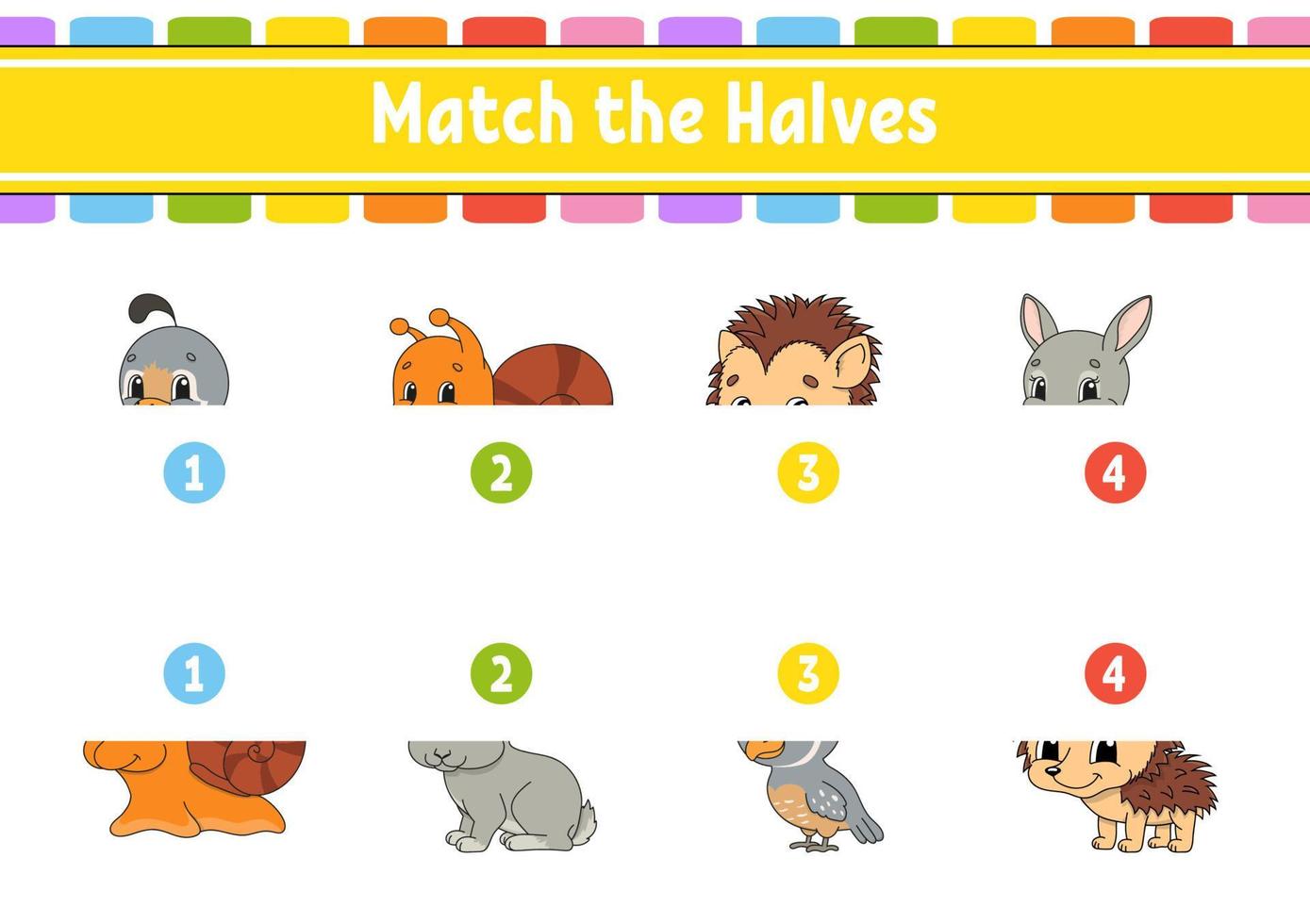 Match the halves. Education developing worksheet. Animal theme. Matching game for kids. Color activity page. Riddle for children. Cute character. Vector illustration. cartoon style.