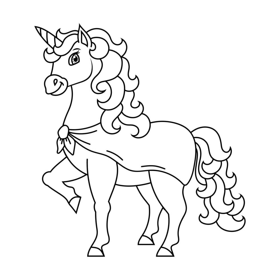 Cute unicorn. Magic fairy horse. Coloring book page for kids. Cartoon style. Vector illustration isolated on white background.