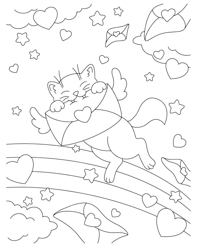 Enamored cute cat with a letter. Coloring book page for kids. Valentine's Day. Cartoon style character. Vector illustration isolated on white background.