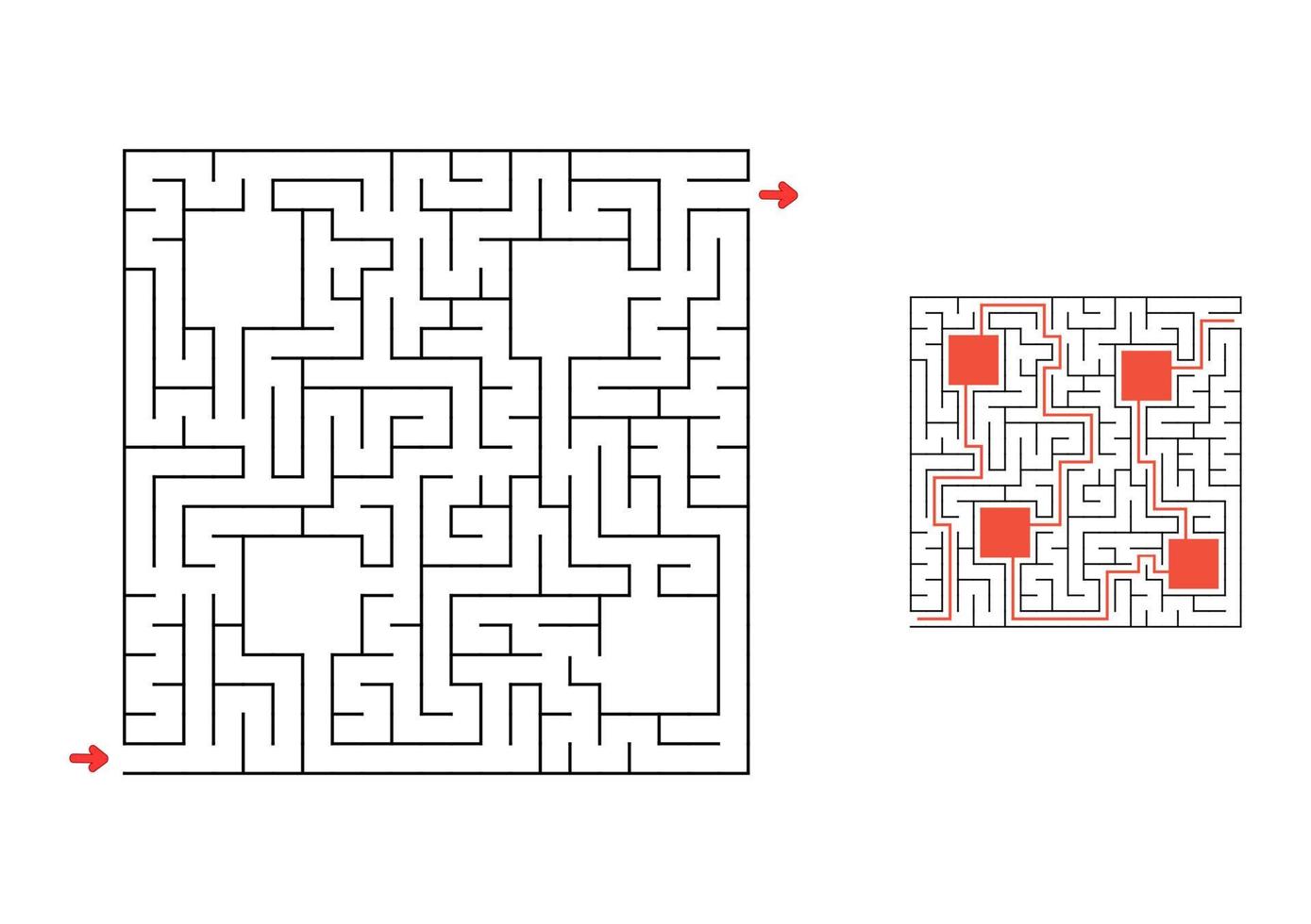Square maze with answer. Game for kids. Puzzle for children. Labyrinth conundrum. Find the right path. vector