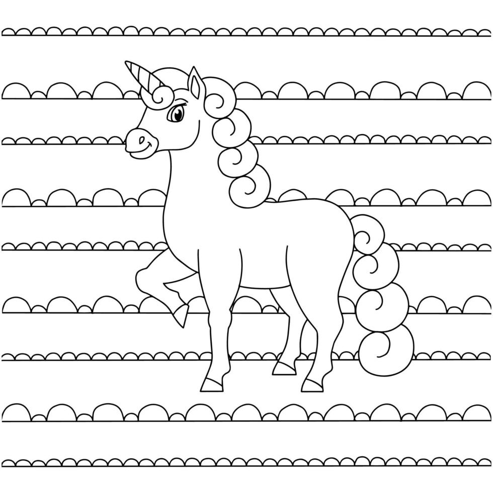 Magic fairy unicorn. Cute horse. Coloring book page for kids. Unusual pattern. Cartoon style. Vector illustration isolated on white background.