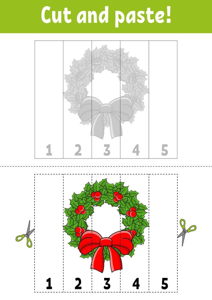 Learning numbers 1-5. Cut and glue. cartoon character. Education developing worksheet. Christmas theme. Game for kids. Activity page. Color isolated vector illustration.