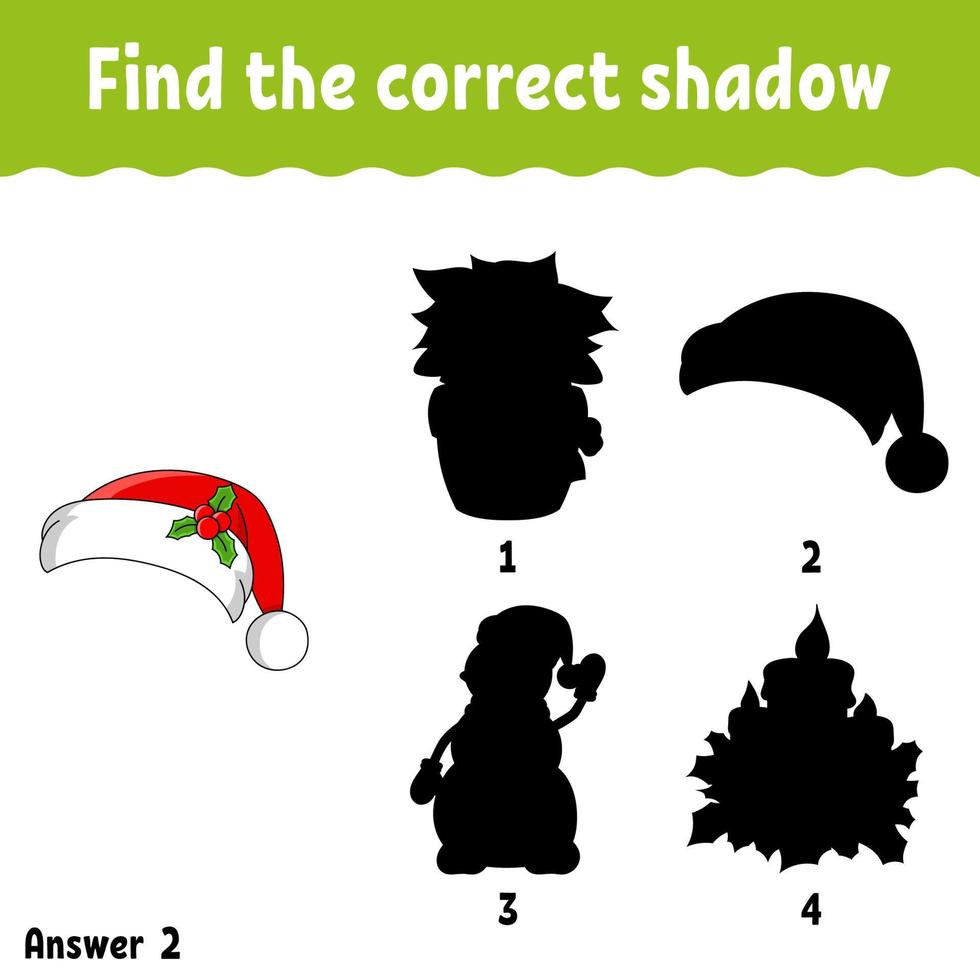 Find the correct shadow. Education developing worksheet. Christmas theme. Matching game for kids. Activity page. Puzzle for children. cartoon character. Isolated vector illustration.