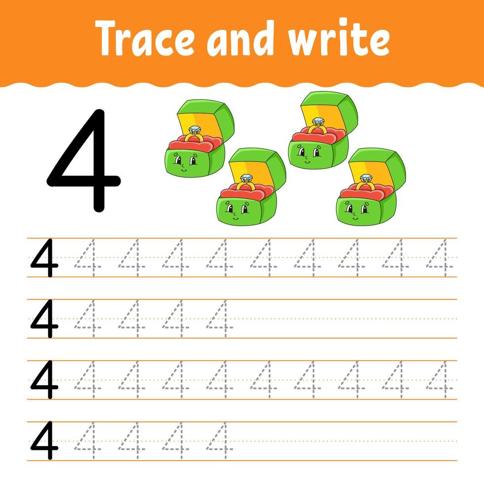 Learn Numbers. Trace and write. Handwriting practice. Education developing worksheet. Color activity page. Isolated vector illustration in cute cartoon style.