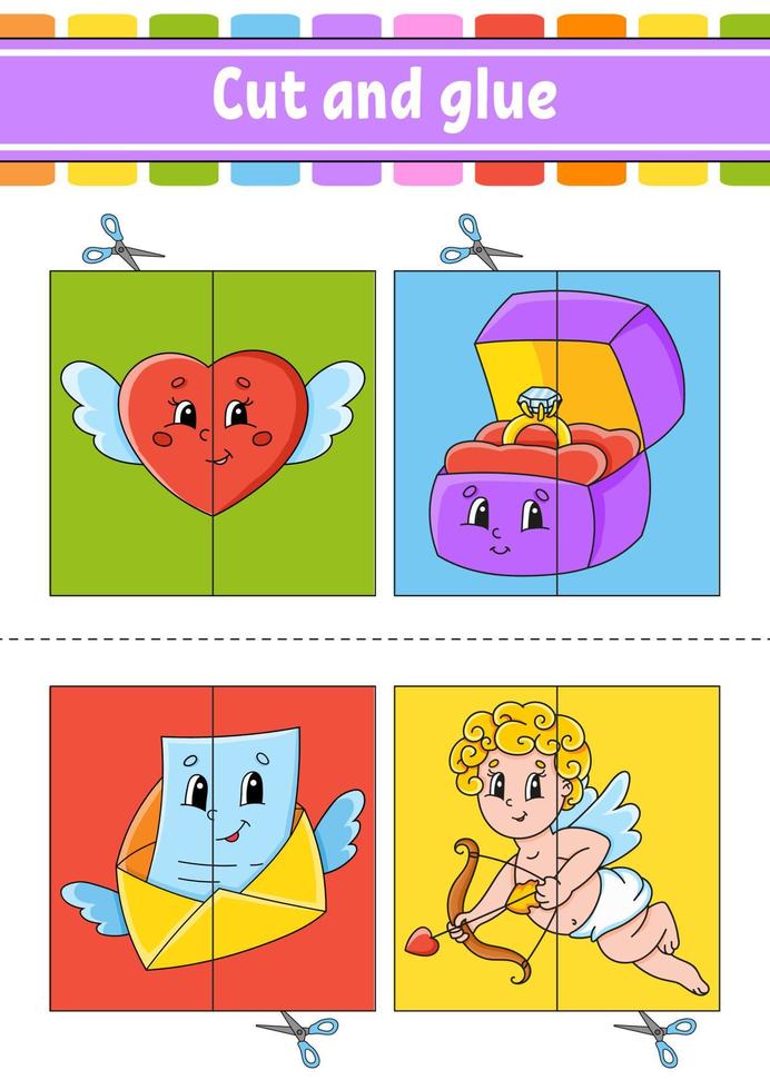 Cut and play. Paper game with glue. Flash cards. Education worksheet. Activity page. Funny character. Isolated vector illustration. cartoon style. Valentine's Day