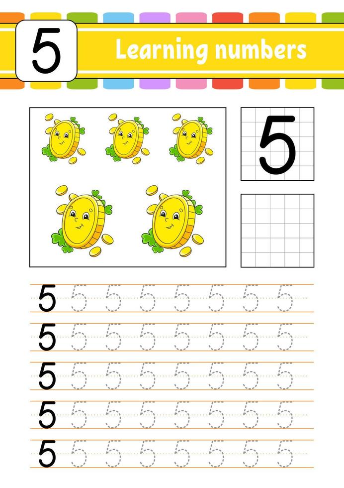 Trace and write numbers. Handwriting practice. Learning numbers for kids. Education developing worksheet. St. Patrick's day. Activity page. Isolated vector illustration in cute cartoon style.