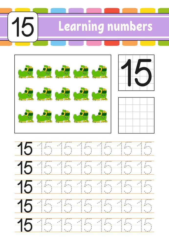 Trace and write numbers. Handwriting practice. Learning numbers for kids. Education developing worksheet. St. Patrick's day. Activity page. Isolated vector illustration in cute cartoon style.