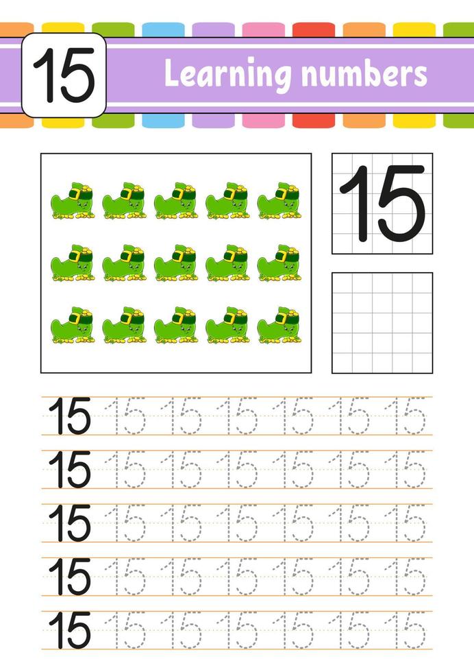 trazar y escribir números. práctica de escritura a mano. aprender números para niños. hoja de trabajo de desarrollo educativo. S t. día de San Patricio. pagina de actividades ilustración de vector aislado en estilo de dibujos animados lindo.