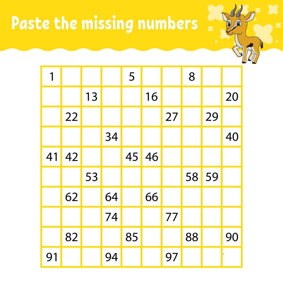 Paste the missing numbers from 1 to 100. Handwriting practice. Learning numbers for kids. Education developing worksheet. Activity page. Isolated vector illustration in cute cartoon style.