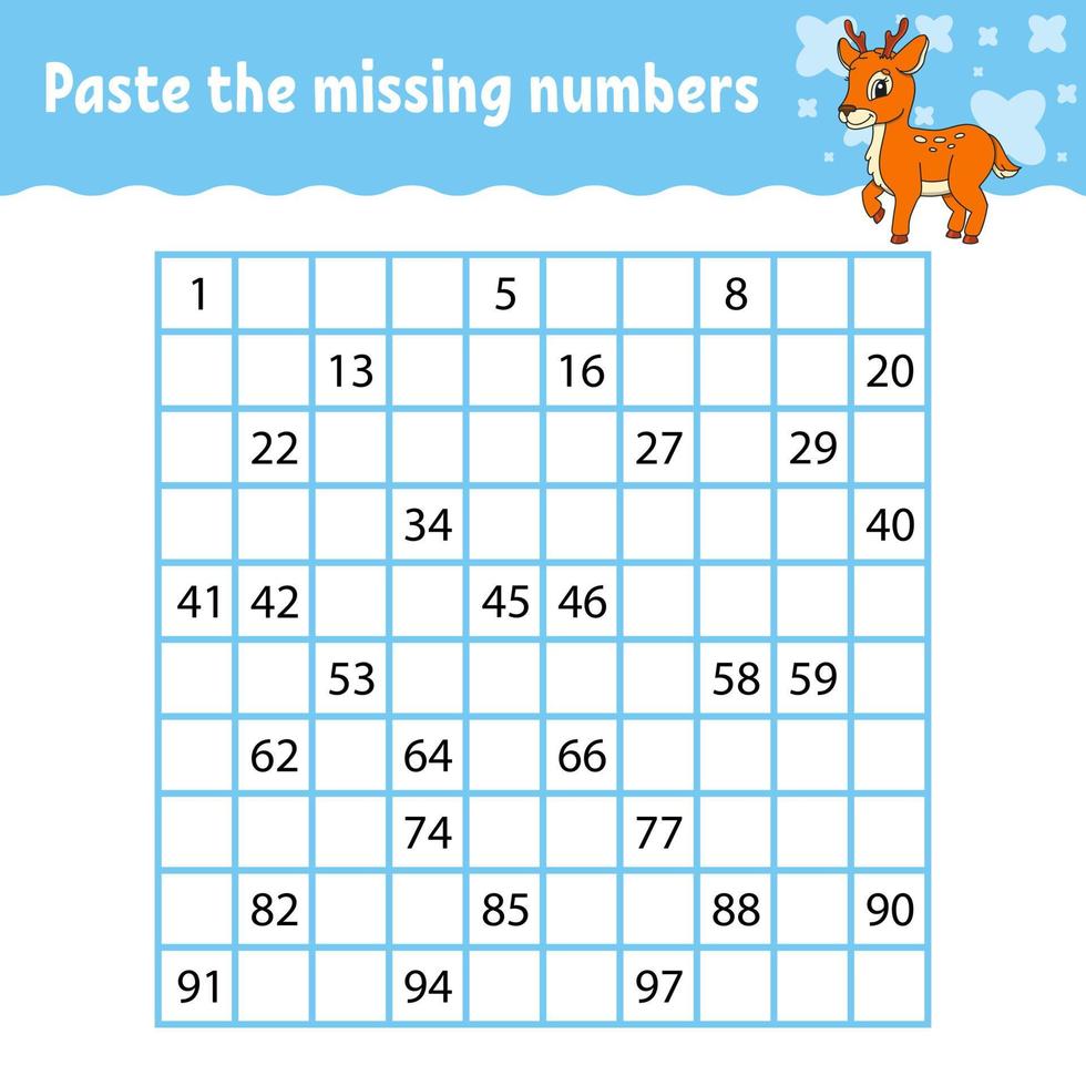 Paste the missing numbers from 1 to 100. Handwriting practice. Learning numbers for kids. Education developing worksheet. Activity page. Isolated vector illustration in cute cartoon style.