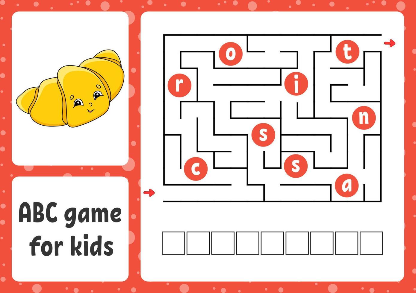 ABC maze for kids. Rectangle labyrinth. Activity worksheet. Puzzle for children. Cartoon style. Logical conundrum. Color vector illustration.