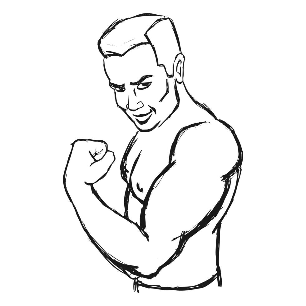 Male bodybuilder flexing his biceps. Hand drawn sketch. Outline silhouette. Design element. Vector illustration isolated on white background. Template for books, stickers, posters, cards, clothes.