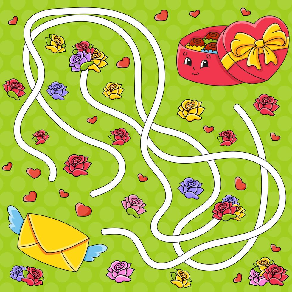 Abstract maze. Game for kids. Funny labyrinth. Activity page. Puzzle for children. cartoon style. Riddle for preschool. Logical conundrum. Color vector illustration. Valentine's Day.