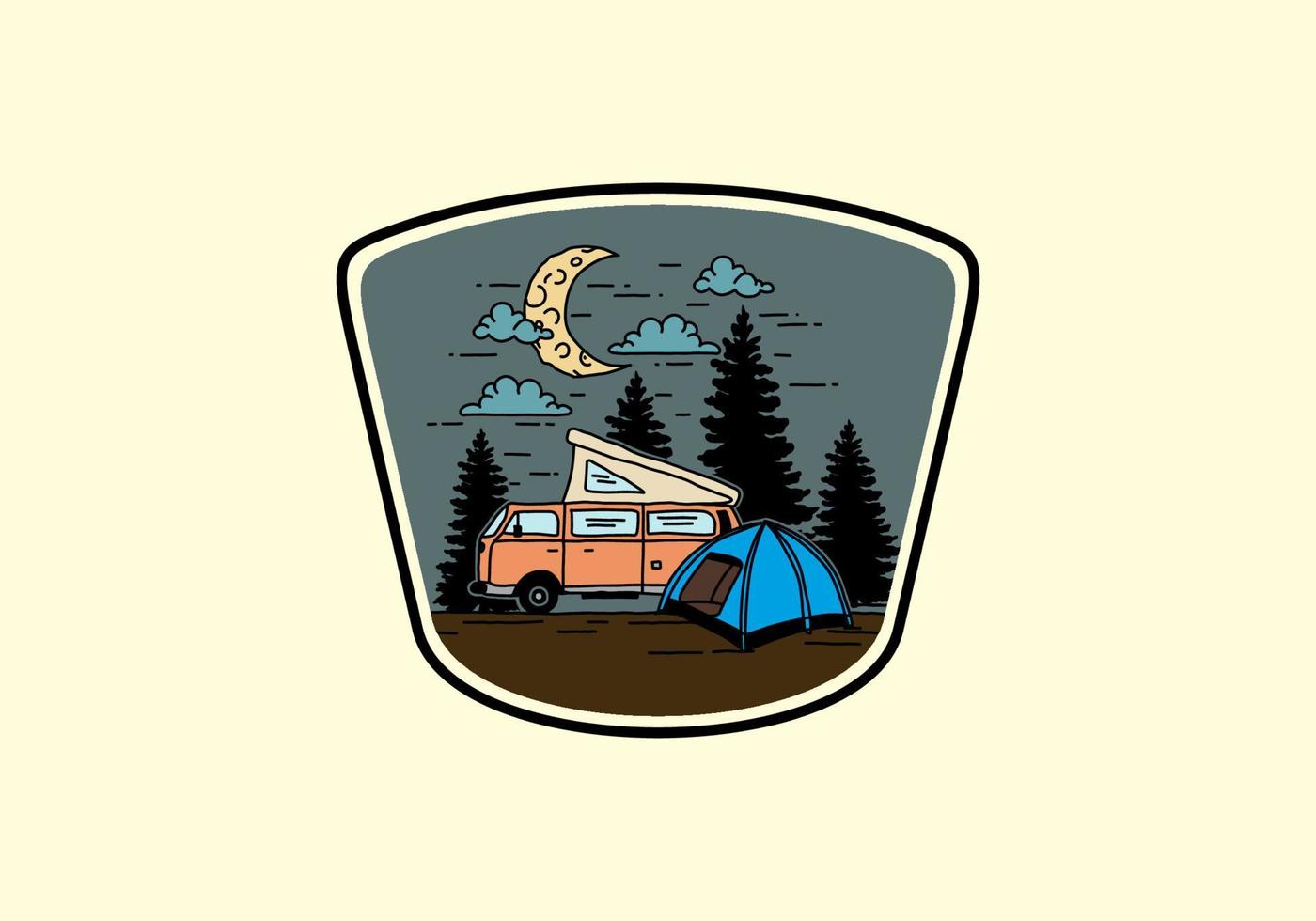 Half moon camping with campervan illustration vector