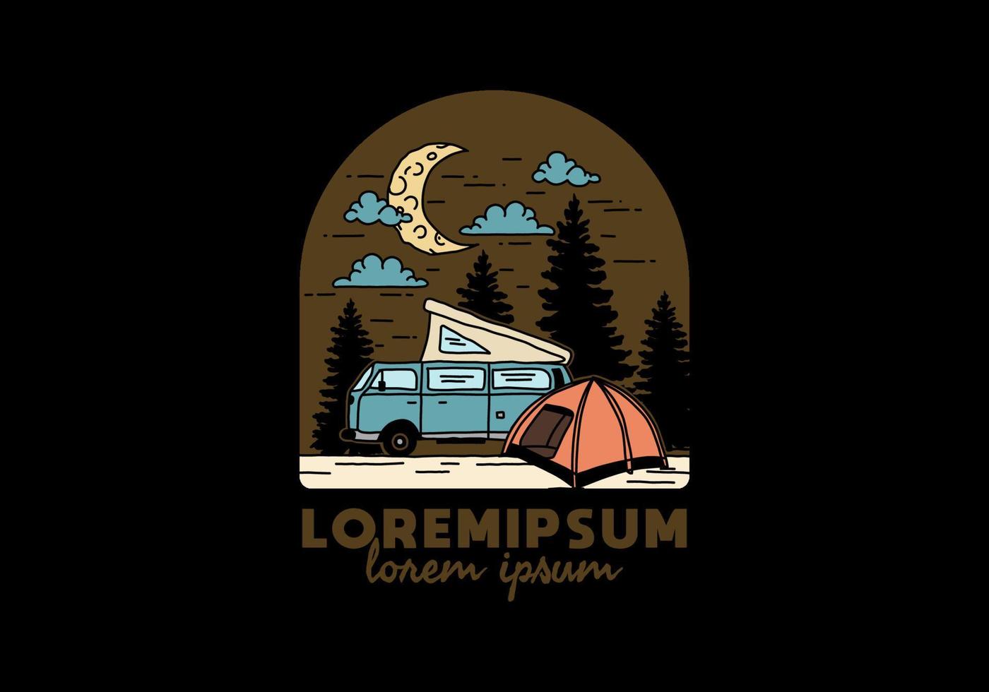 camping de media luna con ilustración de autocaravana vector