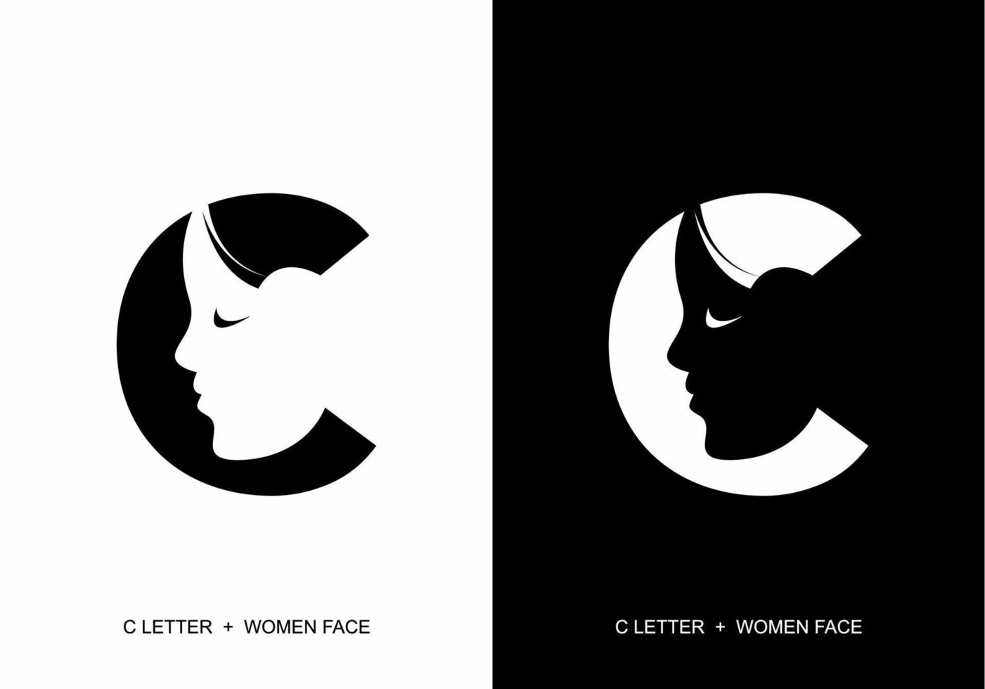 Black and white C initial letter with silhouette of women face vector