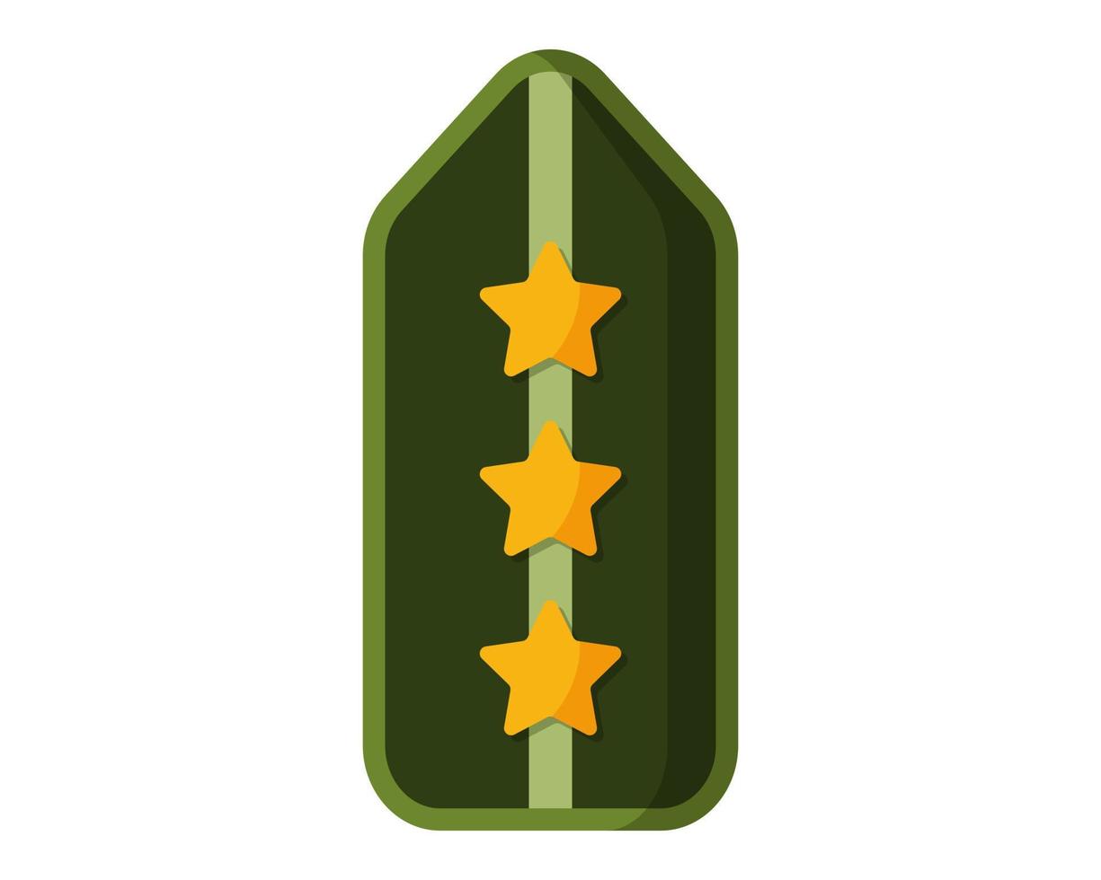 Green military ranks shoulder badge, army soldier chevron strap, soldier uniform sign with three golden stars. vector