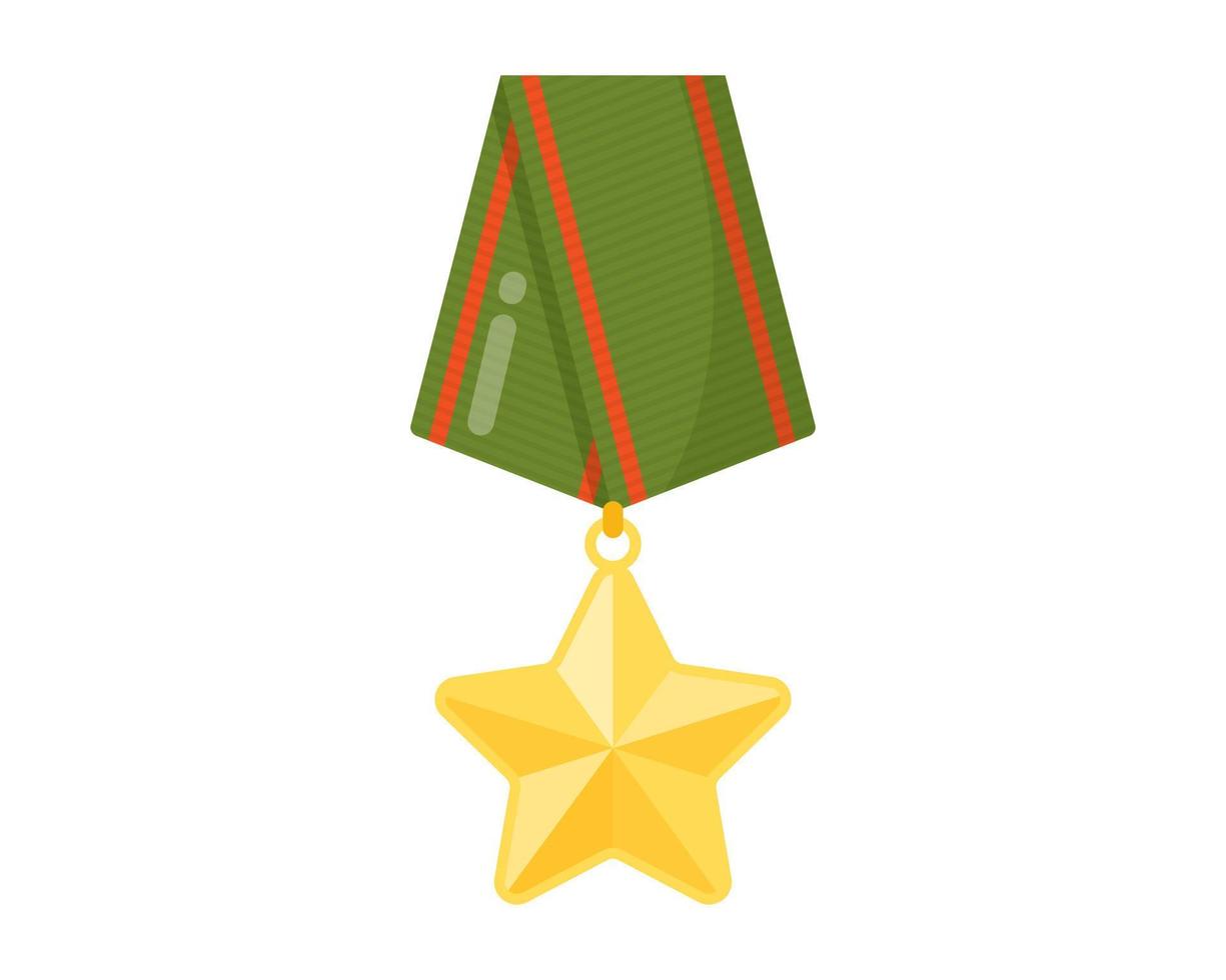 Golden military star award commemorative medal or order for merit, victory or champions with green ribbon. vector