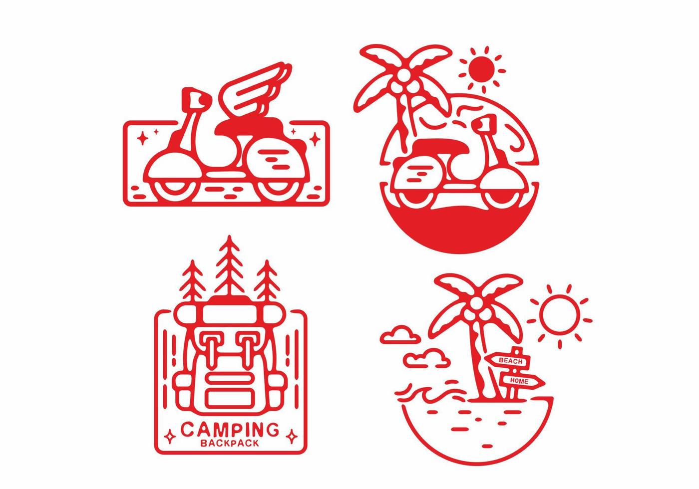 Beach and mountain line art set in red color vector