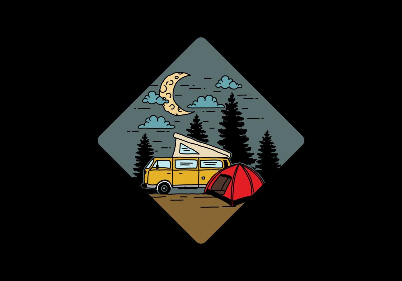 Half moon camping with campervan illustration vector