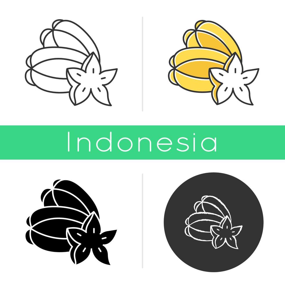 Star fruit icon. Carambola piece. Exploring local food specialties. Unique taste fruit. Asian star apple. Exotic plant. Linear, black, chalk and color styles. Isolated vector illustrations