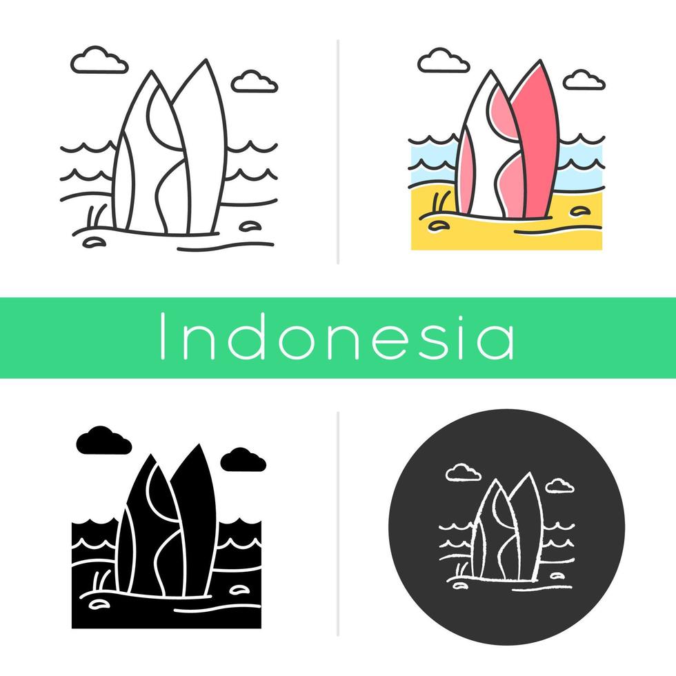 Surfboards on the beach icon. Surf sea waves. Vacation trip to Indonesia. Ocean surfing activity. Water sport equipment. Linear, black, chalk and color styles. Isolated vector illustrations