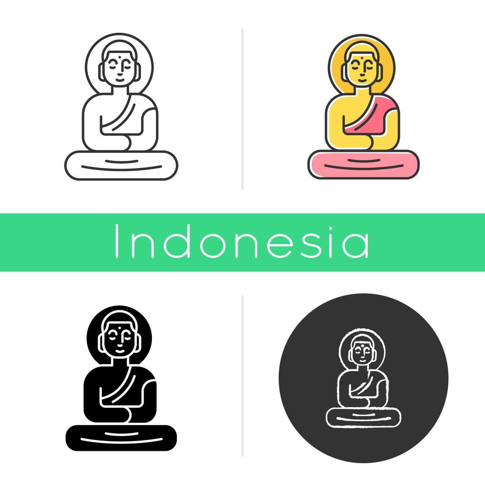 Buddha statue icon. Sitting meditation in lotus pose. Symbol of peace and harmony. Oriental religious sculpture. Linear, black, chalk and color styles. Isolated vector illustrations