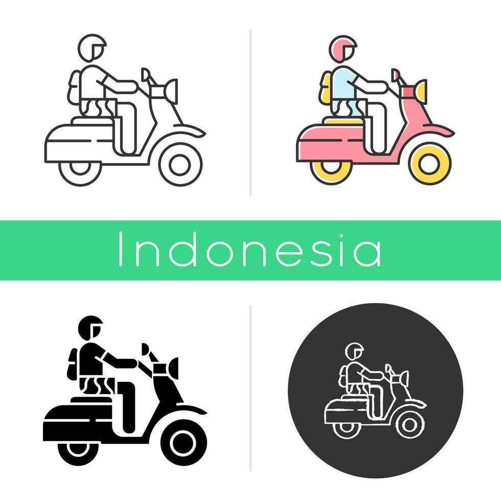 Motorbike icon. Scooter driver in Bali. Crossing Indonesia by motorcycle. Scooter road trip. Transport in Indonesia. Linear, black, chalk and color styles. Isolated vector illustrations