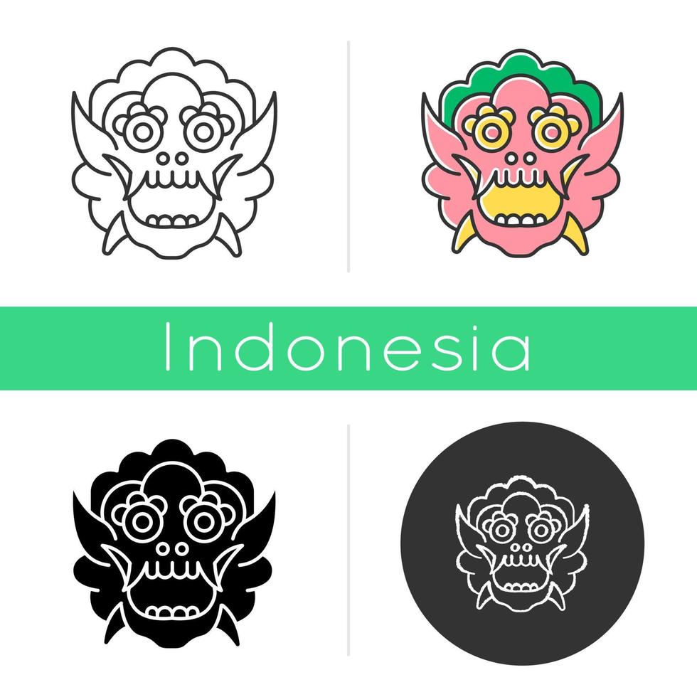 Indonesian mask icon. Balinese dragon. Culture and tradition of local tribes. Ritual, sacred and spiritual object. Linear, black, chalk and color styles. Isolated vector illustrations