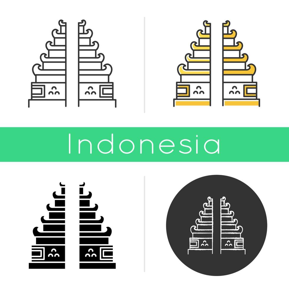 icono del templo pura lempuyang. lugares religiosos indonesios. entrada de la puerta dividida hinduista candi bentar. turismo balinés. Estilos lineal, negro, tiza y color. ilustración vectorial aislada vector