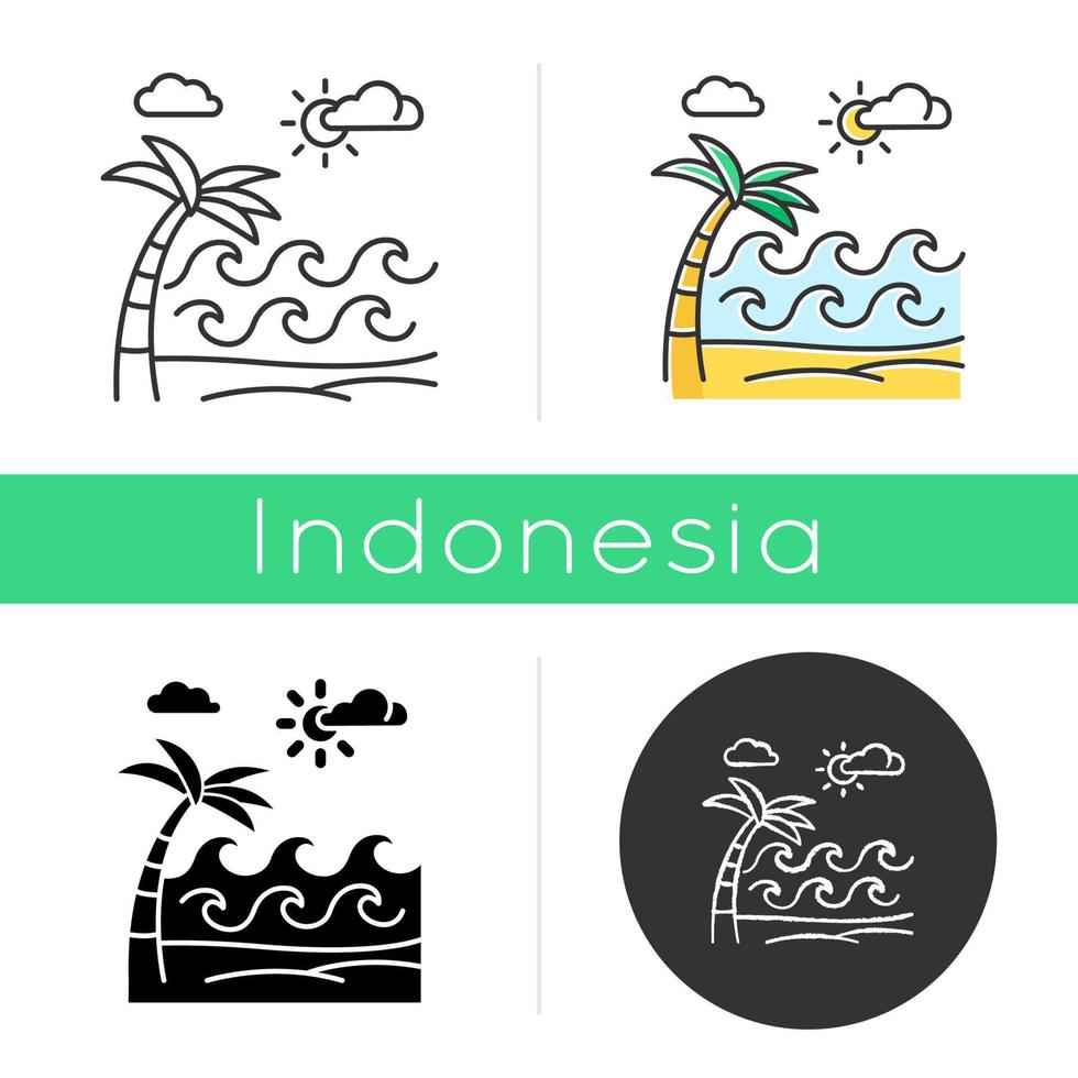Waves on sandy beach icon. Seaside with palm. Trip to Indonesian islands. Sunny sea coast in Bali. Weather for surfing. Linear, black, chalk and color styles. Isolated vector illustrations